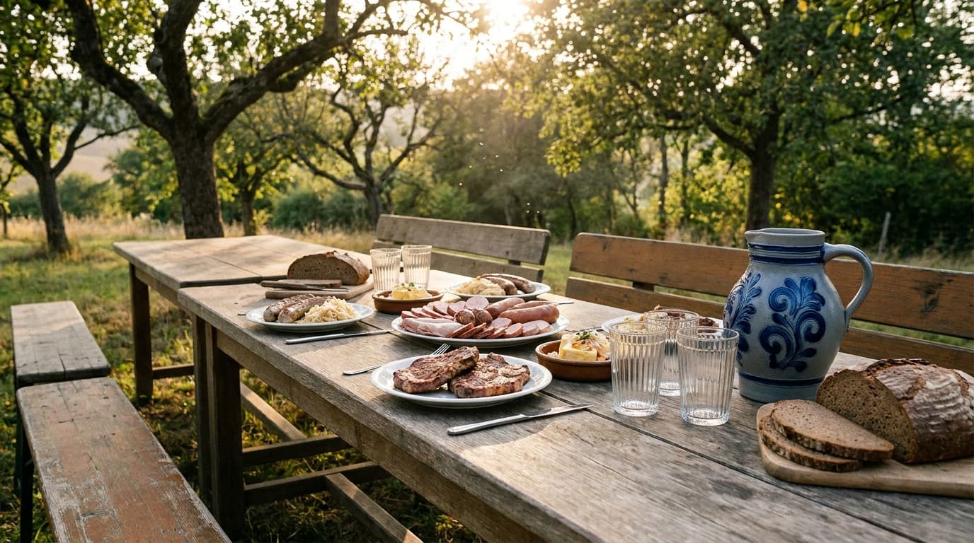 Gedeckter Tisch mit hessischen Speisen unter Bäumen