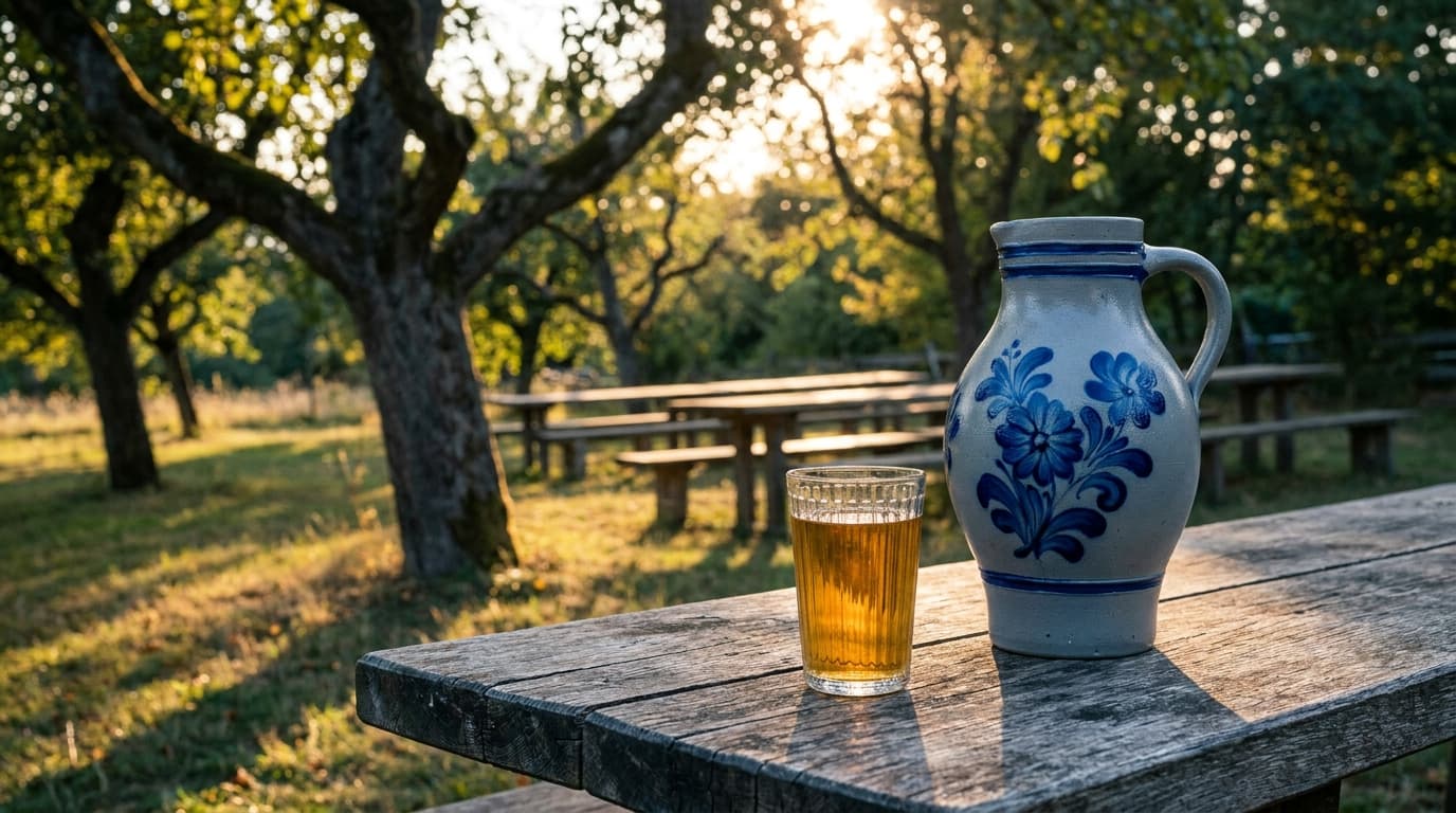Streuobstwiese im Abendgold mit Bembel und Gerippten auf dem Erlenhof