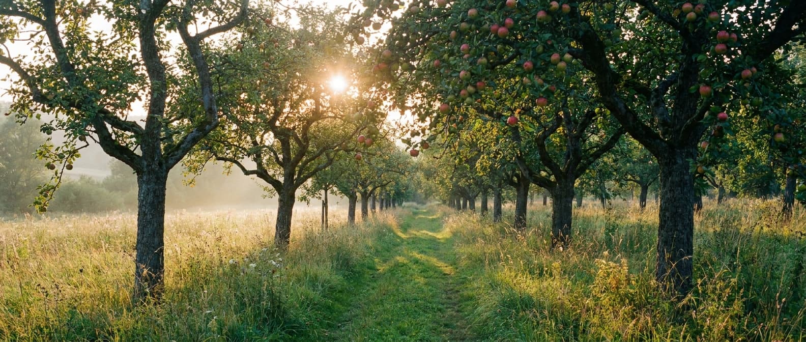 Alte Apfelbäume auf der Streuobstwiese im Abendlicht