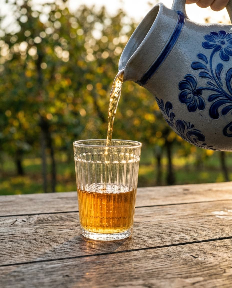 Apfelwein wird aus dem Bembel ins geriffelte Gerippte-Glas geschenkt