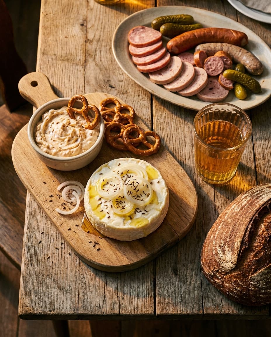 Hessische Speisen auf dem Tisch der Hofgastronomie unter Apfelbäumen