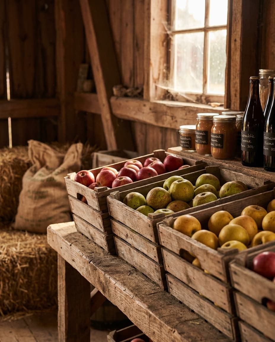 Kisten mit frischen Äpfeln und Hofprodukten im Bauernladen am Erlenhof