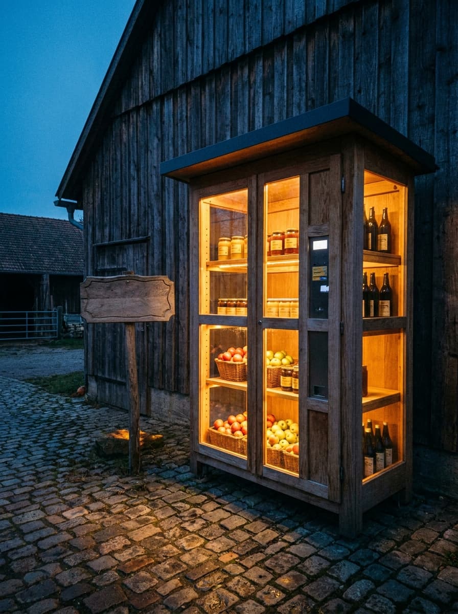 Beleuchteter Apfelautomat am Hof in der Abenddämmerung