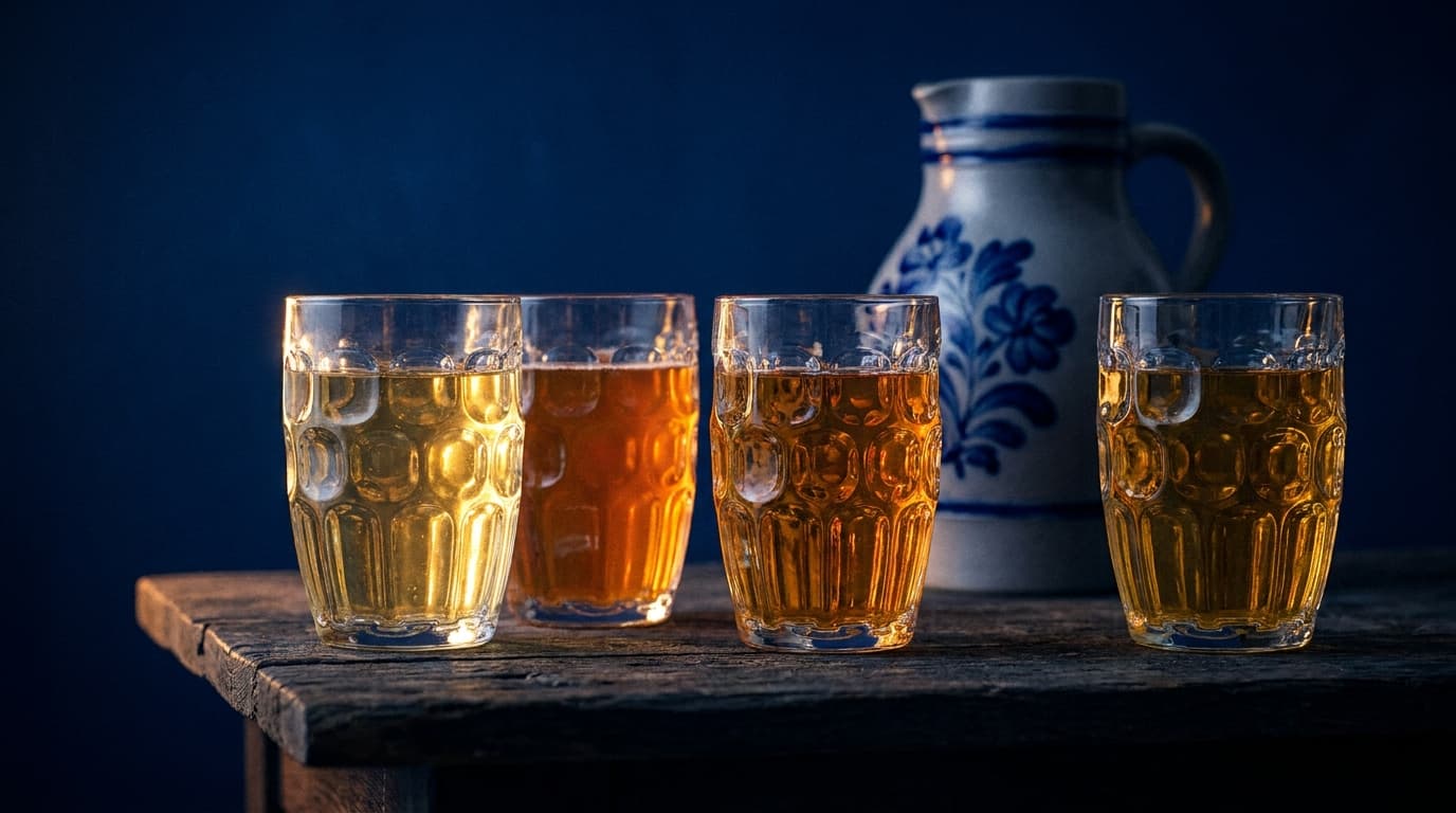 Vier Gerippte-Gläser mit Apfelwein in verschiedenen Bernstein-Tönen vor kobaltblauem Grund