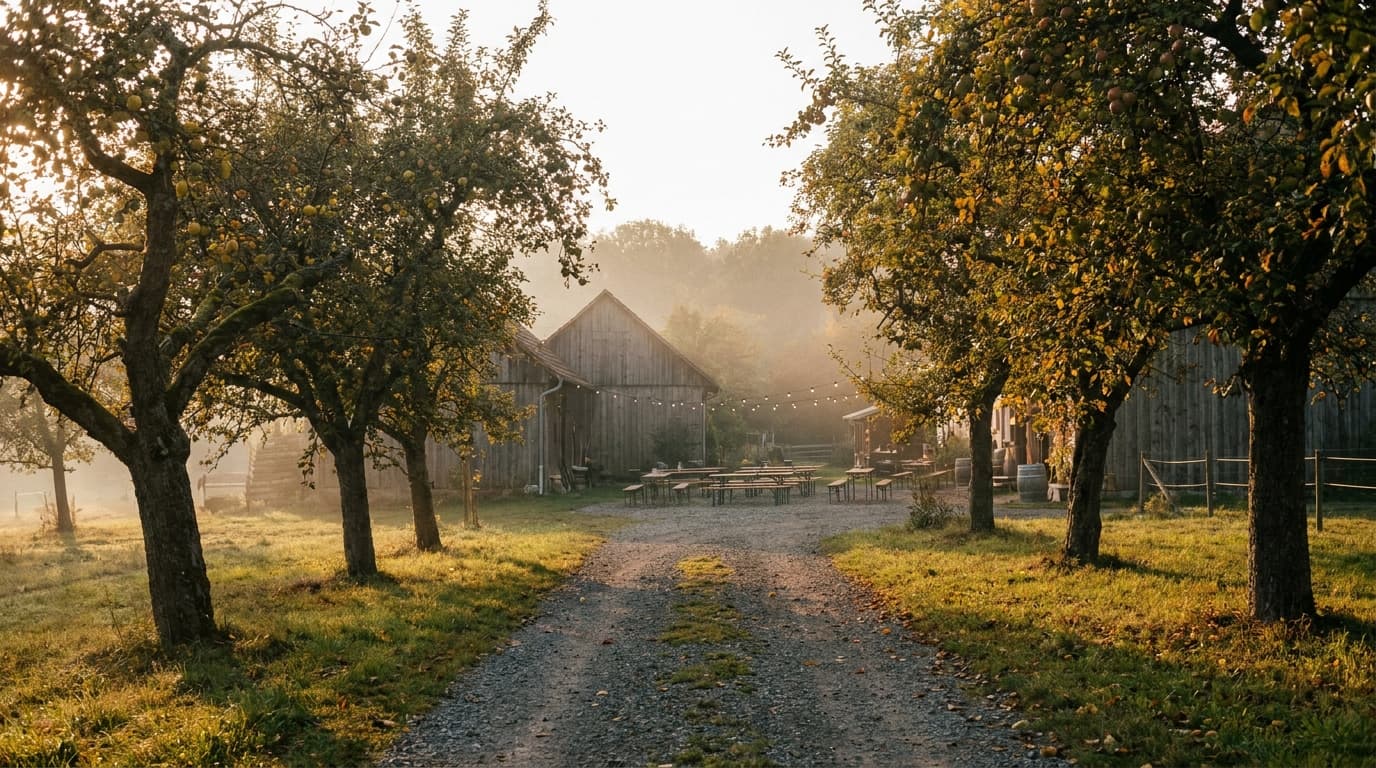 Feldweg zwischen Apfelbäumen zum Erlenhof im Morgenlicht