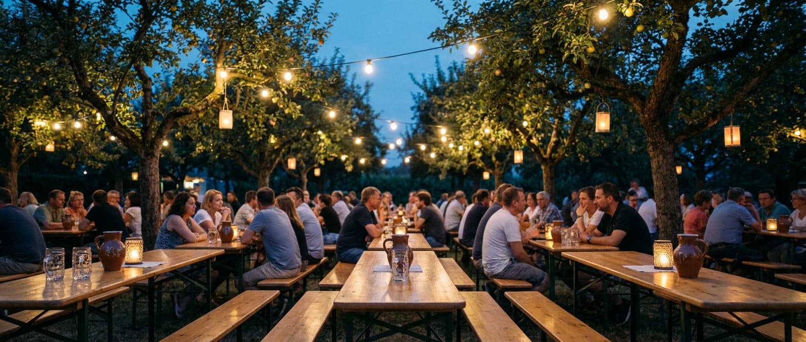 Festlich beleuchteter Biergarten mit langen Tischen unter Apfelbäumen